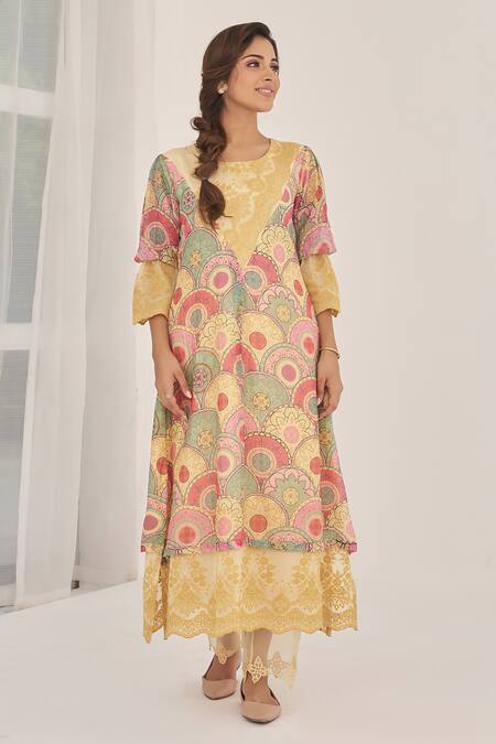 Naaz By Noor Yellow Cotton, Organza, Chanderi Embroidery Noor Baano Printed Kurta Pant Set at Aza Fashions Naaz By Noor_Yellow Cotton, Organza, Chanderi Embroidery Noor Baano Printed Kurta Pant Set _at_Aza_Fashions