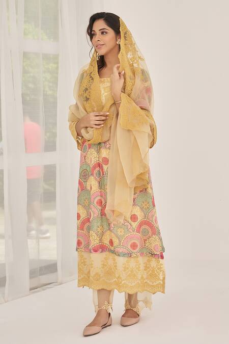 Buy Naaz By Noor Yellow Cotton, Organza, Chanderi Embroidery Noor Baano Printed Kurta Pant Set Buy_Naaz By Noor_Yellow Cotton, Organza, Chanderi Embroidery Noor Baano Printed Kurta Pant Set