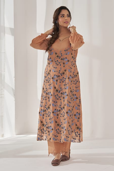 Buy Naaz By Noor Brown Cotton, Organza Embroidery, Zari Collared Saira Baano Kurta Set Buy_Naaz By Noor_Brown Cotton, Organza Embroidery, Zari Collared Saira Baano Kurta Set