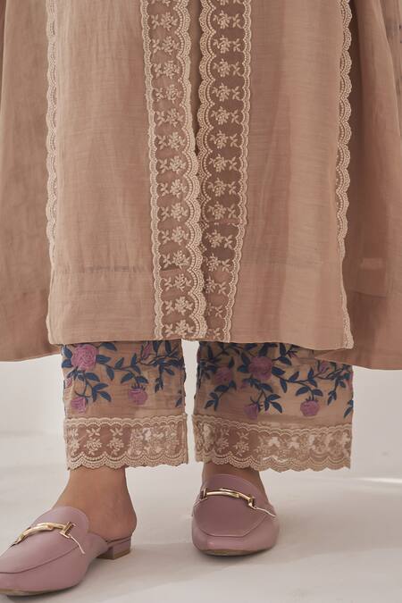 Shop_Naaz By Noor_Beige Cotton, Chanderi Lace, Embroidery Mandarin Collar Kurta Pant Set _Online_at_Aza_Fashions