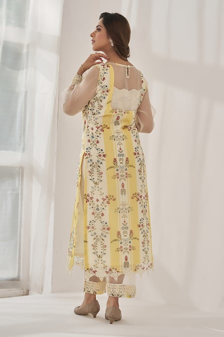 Shop Naaz By Noor Yellow Cotton, Organza Embroidery, Taira Baano Floral Printed Kurta Pant Set at Aza Fashions Shop_Naaz By Noor_Yellow Cotton, Organza Embroidery, Taira Baano Floral Printed Kurta Pant Set _at_Aza_Fashions