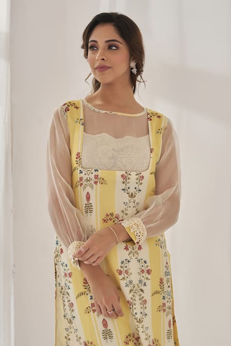 Buy Naaz By Noor Yellow Cotton, Organza Embroidery, Taira Baano Floral Printed Kurta Pant Set Online at Aza Fashions Buy_Naaz By Noor_Yellow Cotton, Organza Embroidery, Taira Baano Floral Printed Kurta Pant Set _Online_at_Aza_Fashions