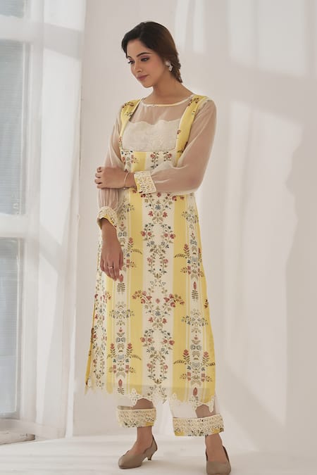 Shop Naaz By Noor Yellow Cotton, Organza Embroidery, Taira Baano Floral Printed Kurta Pant Set Online at Aza Fashions Shop_Naaz By Noor_Yellow Cotton, Organza Embroidery, Taira Baano Floral Printed Kurta Pant Set _Online_at_Aza_Fashions