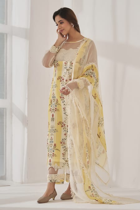 Naaz By Noor Yellow Cotton, Organza Embroidery, Taira Baano Floral Printed Kurta Pant Set at Aza Fashions Naaz By Noor_Yellow Cotton, Organza Embroidery, Taira Baano Floral Printed Kurta Pant Set _at_Aza_Fashions