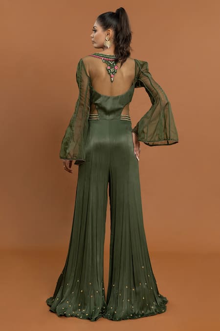 Shop Aurouss Green Crepe Sequins, Crystals Round Neck Resham Embroidered Jumpsuit at Aza Fashions Shop_Aurouss_Green Crepe Sequins, Crystals Round Neck Resham Embroidered Jumpsuit _at_Aza_Fashions