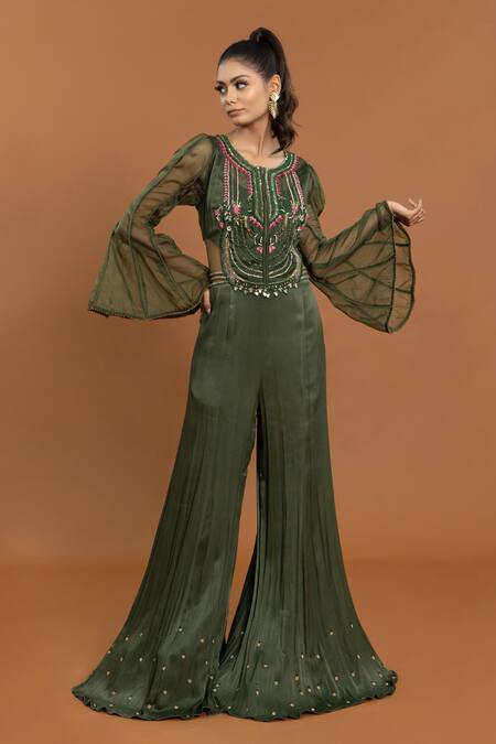 Aurouss Green Crepe Sequins, Crystals Round Neck Resham Embroidered Jumpsuit Online at Aza Fashions Aurouss_Green Crepe Sequins, Crystals Round Neck Resham Embroidered Jumpsuit _Online_at_Aza_Fashions