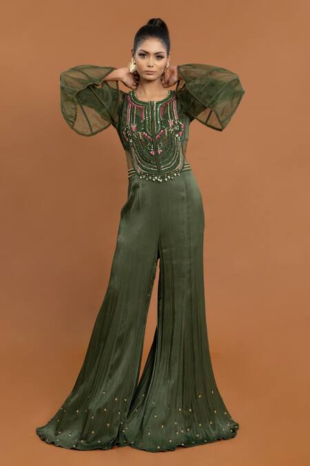 Buy Aurouss Green Crepe Sequins, Crystals Round Neck Resham Embroidered Jumpsuit Online at Aza Fashions Buy_Aurouss_Green Crepe Sequins, Crystals Round Neck Resham Embroidered Jumpsuit _Online_at_Aza_Fashions