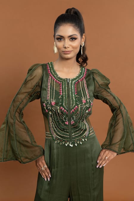 Shop Aurouss Green Crepe Sequins, Crystals Round Neck Resham Embroidered Jumpsuit Online at Aza Fashions Shop_Aurouss_Green Crepe Sequins, Crystals Round Neck Resham Embroidered Jumpsuit _Online_at_Aza_Fashions