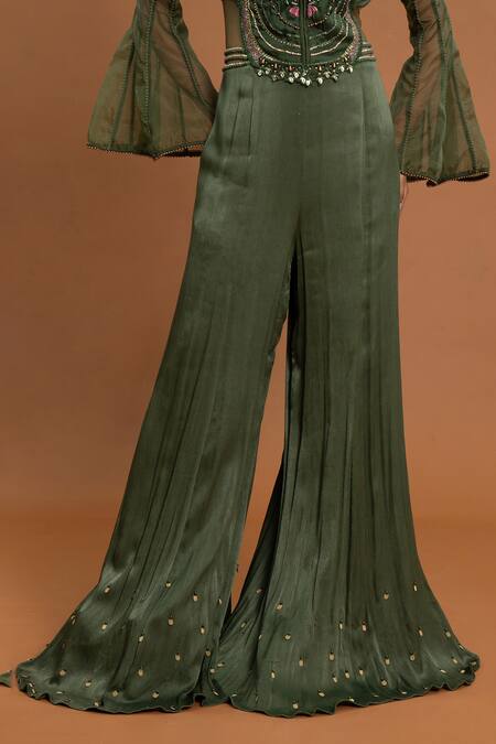 Aurouss Green Crepe Sequins, Crystals Round Neck Resham Embroidered Jumpsuit at Aza Fashions Aurouss_Green Crepe Sequins, Crystals Round Neck Resham Embroidered Jumpsuit _at_Aza_Fashions