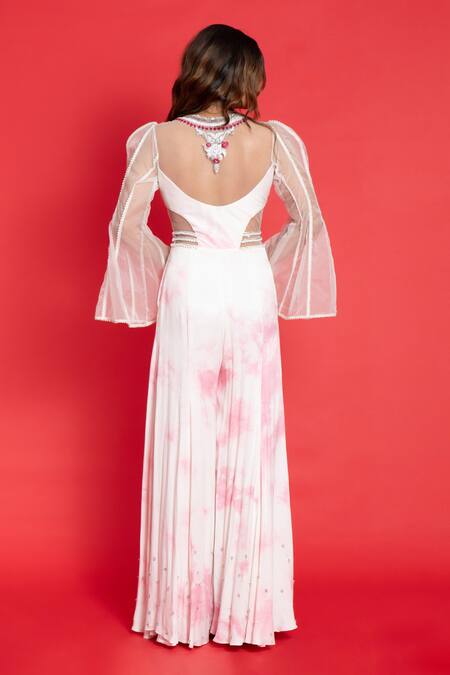 Shop Aurouss Pink Muslin Sequins Round Neck Resham Embroidered Bodice Jumpsuit at Aza Fashions Shop_Aurouss_Pink Muslin Sequins Round Neck Resham Embroidered Bodice Jumpsuit _at_Aza_Fashions