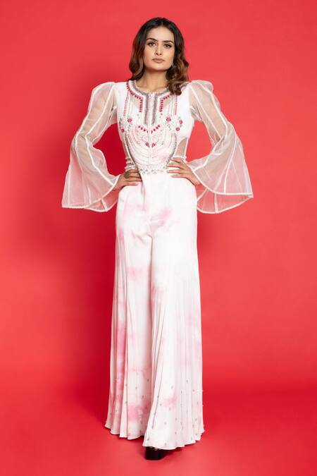 Aurouss Pink Muslin Sequins Round Neck Resham Embroidered Bodice Jumpsuit Online at Aza Fashions Aurouss_Pink Muslin Sequins Round Neck Resham Embroidered Bodice Jumpsuit _Online_at_Aza_Fashions