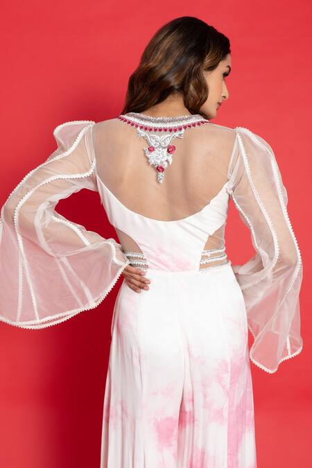 Buy Aurouss Pink Muslin Sequins Round Neck Resham Embroidered Bodice Jumpsuit Buy_Aurouss_Pink Muslin Sequins Round Neck Resham Embroidered Bodice Jumpsuit