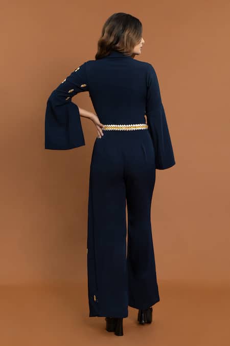 Shop Aurouss Blue Crepe Stones, Studs Collared Embellished Overlap Panel Jumpsuit at Aza Fashions Shop_Aurouss_Blue Crepe Stones, Studs Collared Embellished Overlap Panel Jumpsuit _at_Aza_Fashions