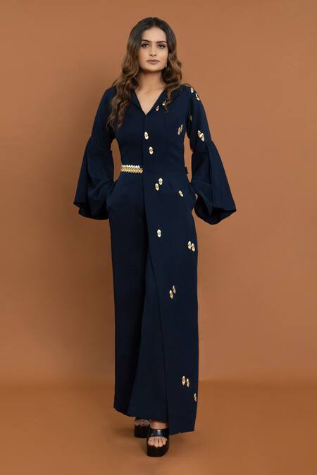 Aurouss Blue Crepe Stones, Studs Collared Embellished Overlap Panel Jumpsuit Online at Aza Fashions Aurouss_Blue Crepe Stones, Studs Collared Embellished Overlap Panel Jumpsuit _Online_at_Aza_Fashions