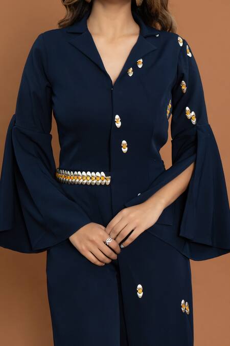 Aurouss Blue Crepe Stones, Studs Collared Embellished Overlap Panel Jumpsuit at Aza Fashions Aurouss_Blue Crepe Stones, Studs Collared Embellished Overlap Panel Jumpsuit _at_Aza_Fashions