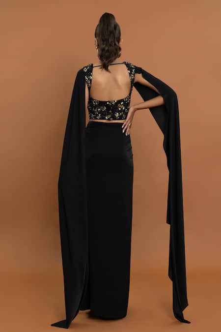 Shop Aurouss Black Lycra Beads, Sequins, Stones Abstract Embellished Top With Draped Skirt at Aza Fashions Shop_Aurouss_Black Lycra Beads, Sequins, Stones Abstract Embellished Top With Draped Skirt _at_Aza_Fashions
