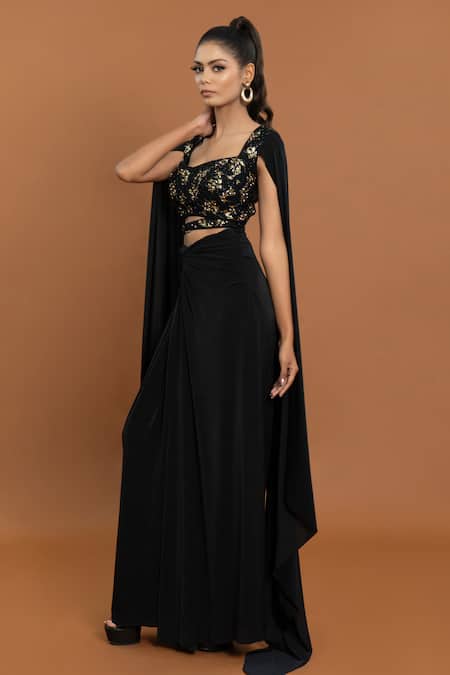 Buy Aurouss Black Lycra Beads, Sequins, Stones Abstract Embellished Top With Draped Skirt Online at Aza Fashions Buy_Aurouss_Black Lycra Beads, Sequins, Stones Abstract Embellished Top With Draped Skirt _Online_at_Aza_Fashions