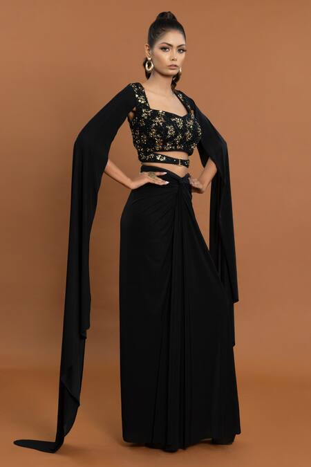 Shop Aurouss Black Lycra Beads, Sequins, Stones Abstract Embellished Top With Draped Skirt Online at Aza Fashions Shop_Aurouss_Black Lycra Beads, Sequins, Stones Abstract Embellished Top With Draped Skirt _Online_at_Aza_Fashions