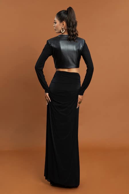 Shop Aurouss Black Jersey, Rayon Round Neck Plain Sheer Panel Top With Draped Skirt at Aza Fashions Shop_Aurouss_Black Jersey, Rayon Round Neck Plain Sheer Panel Top With Draped Skirt _at_Aza_Fashions