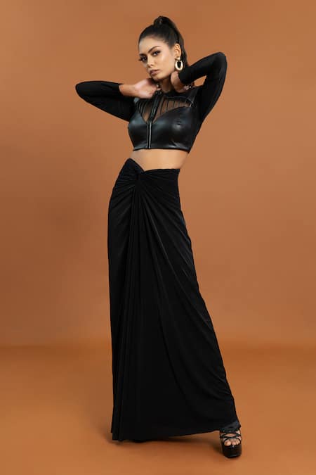 Aurouss Black Jersey, Rayon Round Neck Plain Sheer Panel Top With Draped Skirt at Aza Fashions Aurouss_Black Jersey, Rayon Round Neck Plain Sheer Panel Top With Draped Skirt _at_Aza_Fashions