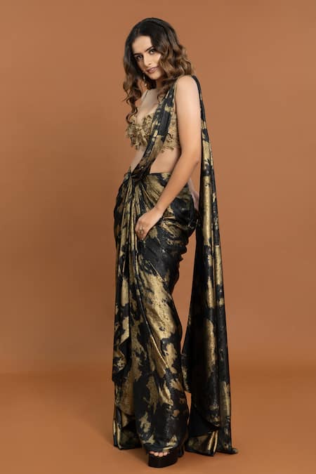 Buy_Aurouss_Black Velvet, Satin Beads, Foil Print Pre-draped Saree With Leaf Applique Blouse _Online_at_Aza_Fashions