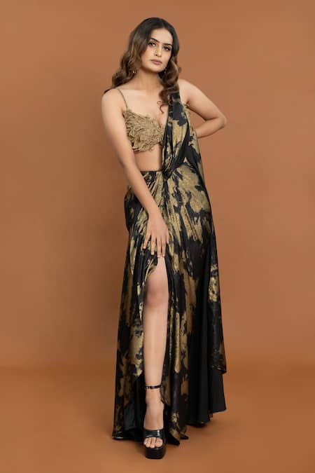 Shop_Aurouss_Black Velvet, Satin Beads, Foil Print Pre-draped Saree With Leaf Applique Blouse _Online_at_Aza_Fashions