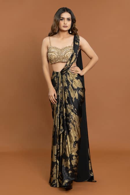 Aurouss Black Velvet Satin Foil Print Pre-draped Saree With Sequin Blouse 