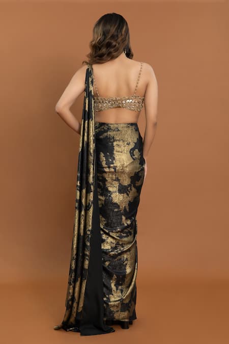 Aurouss Foil Print Pre-Draped Saree With Sequin Embellished Blouse 