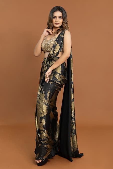 Aurouss_Black Velvet, Satin Beads, Foil Print Pre-draped Saree With Embellished Blouse _Online_at_Aza_Fashions