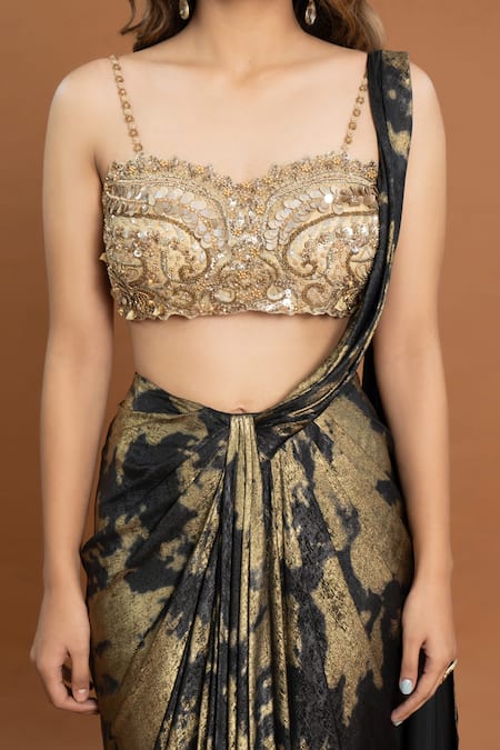 Shop_Aurouss_Black Velvet, Satin Beads, Foil Print Pre-draped Saree With Embellished Blouse _Online_at_Aza_Fashions