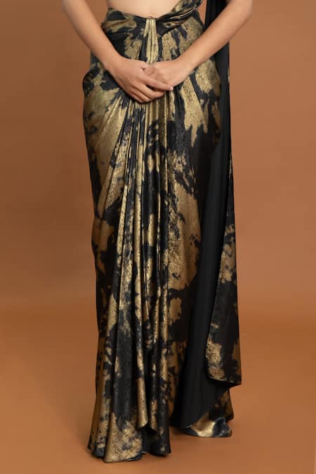 Aurouss_Black Velvet, Satin Beads, Foil Print Pre-draped Saree With Embellished Blouse _at_Aza_Fashions