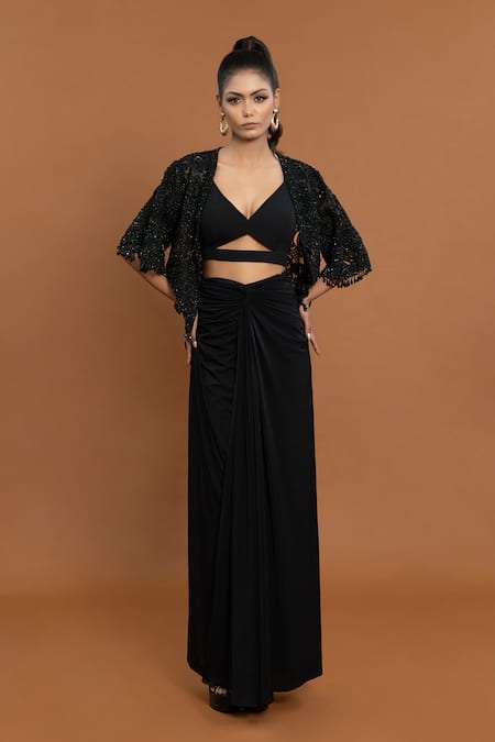 Aurouss Thread Embroidered Sheer Cape Skirt Set 