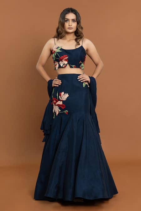 Aurouss Navy Blue Thread Applique Mermaid Lehenga Set 