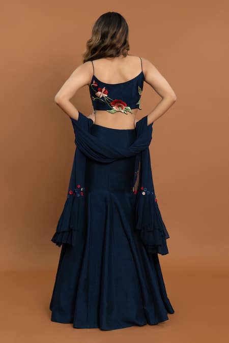 Shop Aurouss Blue Silk, Georgette Embroidery, Applique Navy Thread Mermaid Lehenga Set at Aza Fashions Shop_Aurouss_Blue Silk, Georgette Embroidery, Applique Navy Thread Mermaid Lehenga Set _at_Aza_Fashions