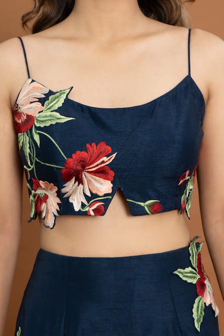 Buy Aurouss Blue Silk, Georgette Embroidery, Applique Navy Thread Mermaid Lehenga Set Online at Aza Fashions Buy_Aurouss_Blue Silk, Georgette Embroidery, Applique Navy Thread Mermaid Lehenga Set _Online_at_Aza_Fashions