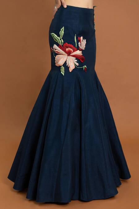 Shop Aurouss Blue Silk, Georgette Embroidery, Applique Navy Thread Mermaid Lehenga Set Online at Aza Fashions Shop_Aurouss_Blue Silk, Georgette Embroidery, Applique Navy Thread Mermaid Lehenga Set _Online_at_Aza_Fashions