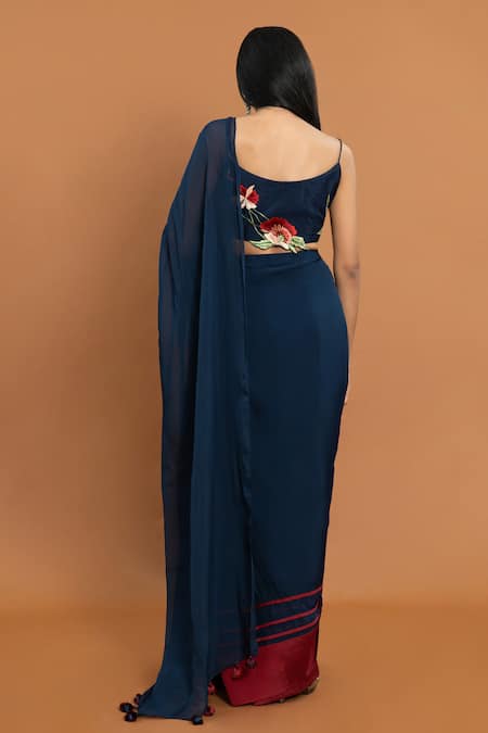 Aurouss Blue Pre-Draped Saree With Applique Blouse 