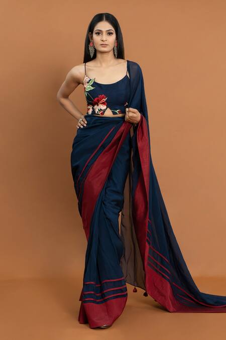 Aurouss_Blue Silk, Organza Embroidery, Applique Round Neck Pre-draped Saree With Blouse _Online_at_Aza_Fashions