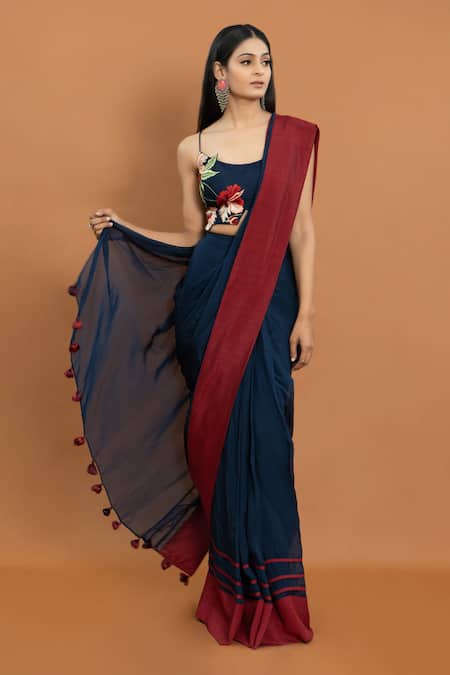 Buy_Aurouss_Blue Silk, Organza Embroidery, Applique Round Neck Pre-draped Saree With Blouse _Online_at_Aza_Fashions