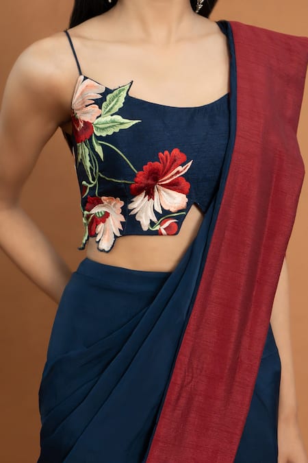 Shop_Aurouss_Blue Silk, Organza Embroidery, Applique Round Neck Pre-draped Saree With Blouse _Online_at_Aza_Fashions