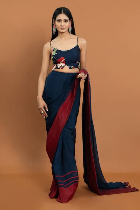 Aurouss_Blue Silk, Organza Embroidery, Applique Round Neck Pre-draped Saree With Blouse _at_Aza_Fashions