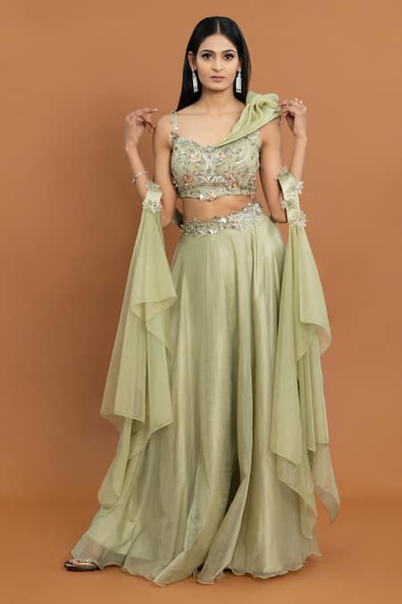 Aurouss_Green Organza Embroidery, Applique Asymmetric Floral Embellished Lehenga Set _Online_at_Aza_Fashions