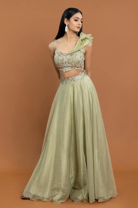 Shop_Aurouss_Green Organza Embroidery, Applique Asymmetric Floral Embellished Lehenga Set _Online_at_Aza_Fashions