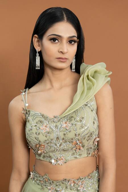 Aurouss_Green Organza Embroidery, Applique Asymmetric Floral Embellished Lehenga Set _at_Aza_Fashions