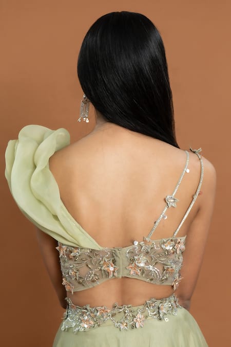 Buy_Aurouss_Green Organza Embroidery, Applique Asymmetric Floral Embellished Lehenga Set 