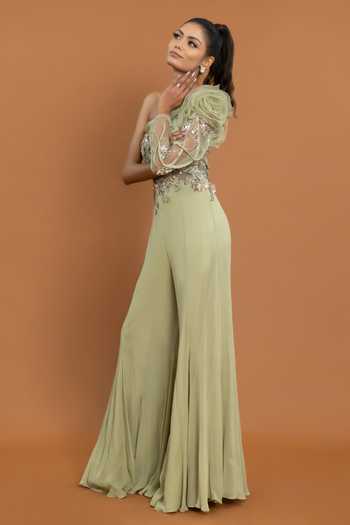 Aurouss_Green Tulle, Georgette Sequins, Applique, Floral Embellished Jumpsuit _Online_at_Aza_Fashions