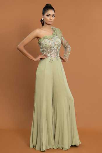 Buy_Aurouss_Green Tulle, Georgette Sequins, Applique, Floral Embellished Jumpsuit _Online_at_Aza_Fashions