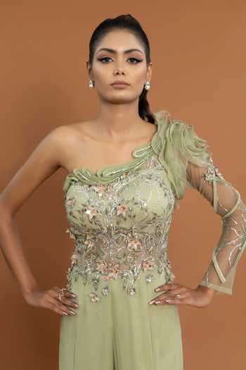 Shop_Aurouss_Green Tulle, Georgette Sequins, Applique, Floral Embellished Jumpsuit _Online_at_Aza_Fashions