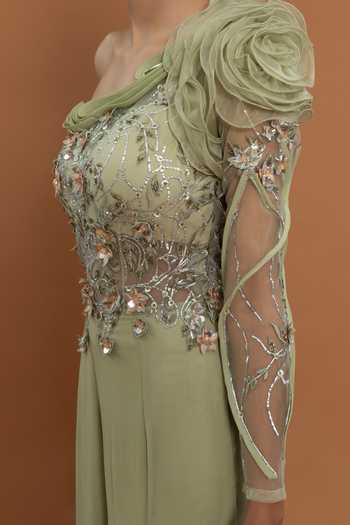 Aurouss_Green Tulle, Georgette Sequins, Applique, Floral Embellished Jumpsuit _at_Aza_Fashions