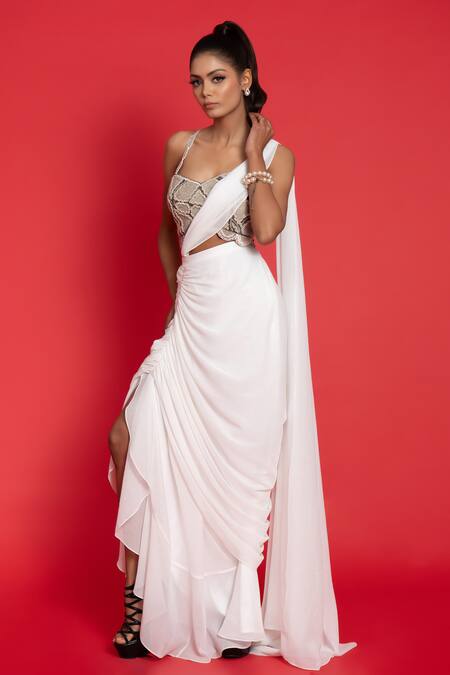 Aurouss_Ivory Chiffon Beads, Pearls Round Neck Shimmer Pre-draped Saree And Blouse _Online_at_Aza_Fashions